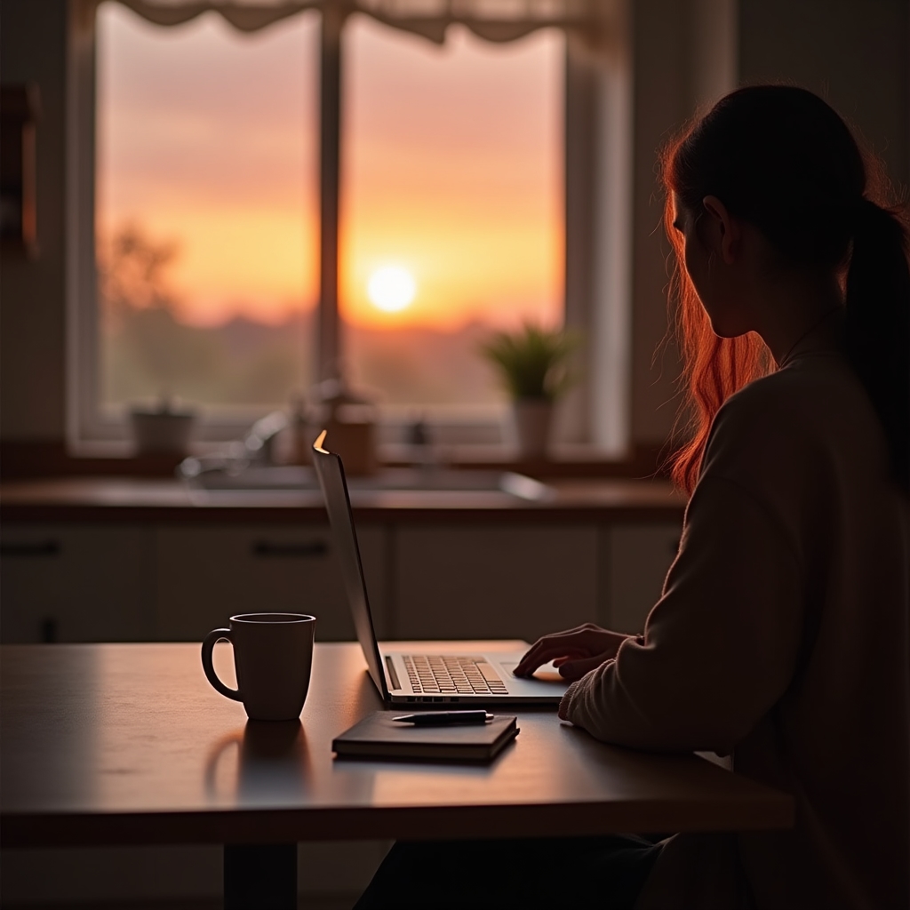 Persona che chiude il laptop al tramonto, momento di transizione serena