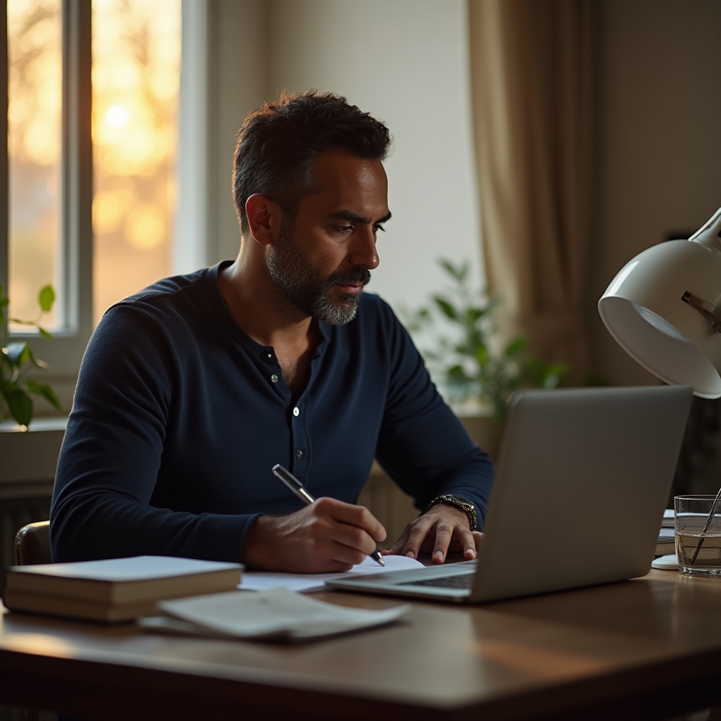 Freelance concentrata alla scrivania con luce calda al tramonto
