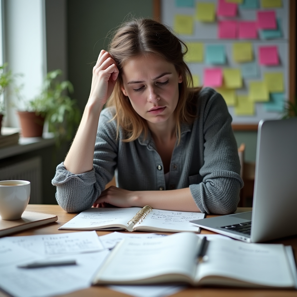 Persona con molte liste e post-it sovrapposti, espressione di sopraffazione